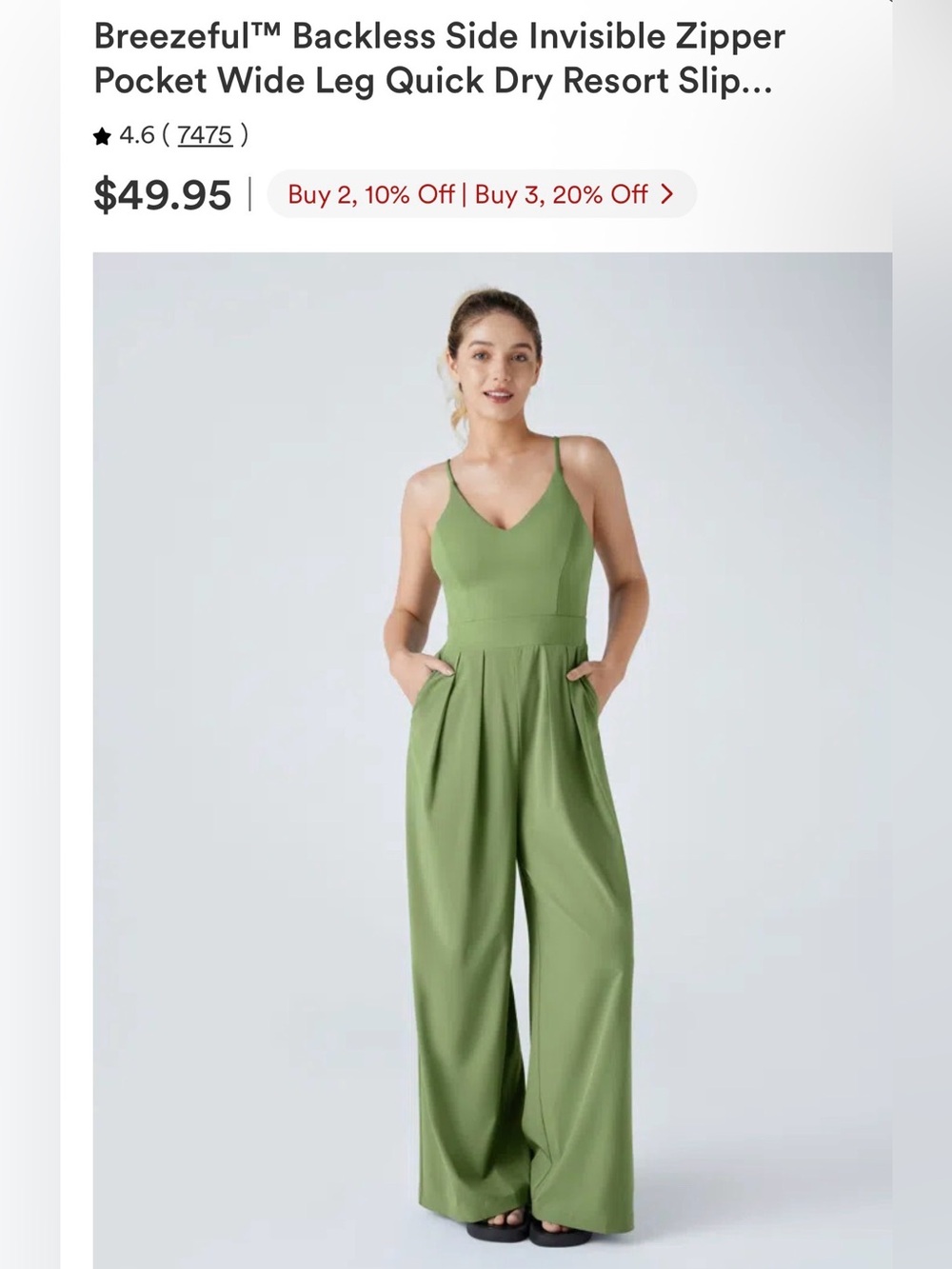 HALARA Olive Green Wide-Leg V-Neck Jumpsuit with Pockets